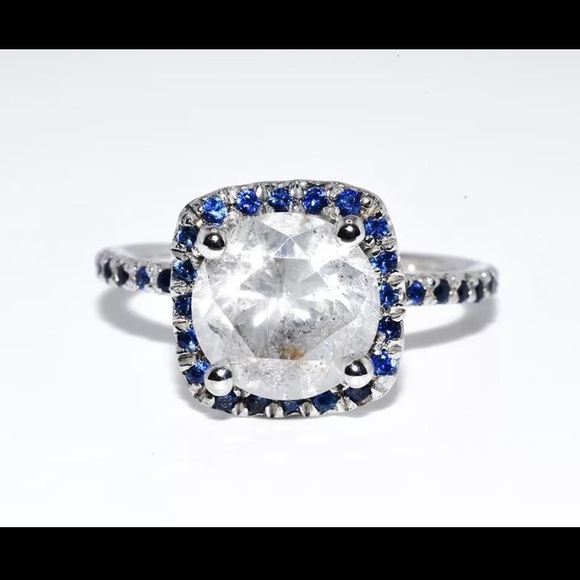 NATURAL ROUND CUT DIAMOND 3.22 TCW & CEYLON SAPPHIRE 14K WHITE GOLD RING - Picture 9 of 16